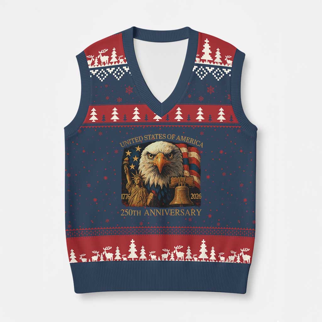 US 250th Anniversary V-Neck Knit Sweater Vest Retro Bald Eagle American Flag Patriotic Veterans - Wonder Print Shop