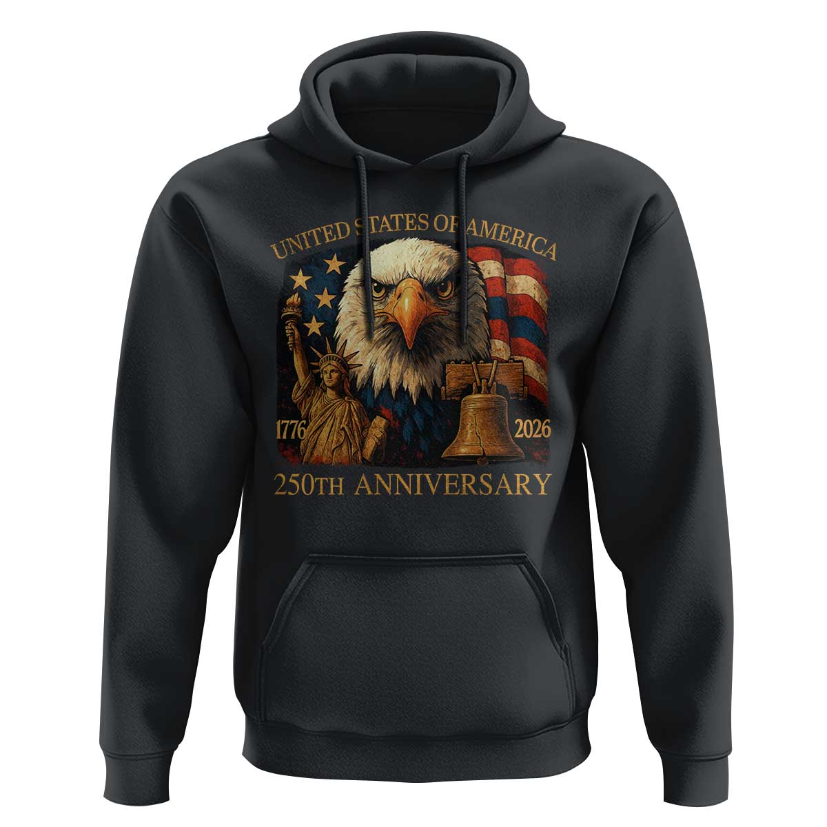 US 250th Anniversary Hoodie Retro Bald Eagle American Flag Patriotic Veterans - Wonder Print Shop