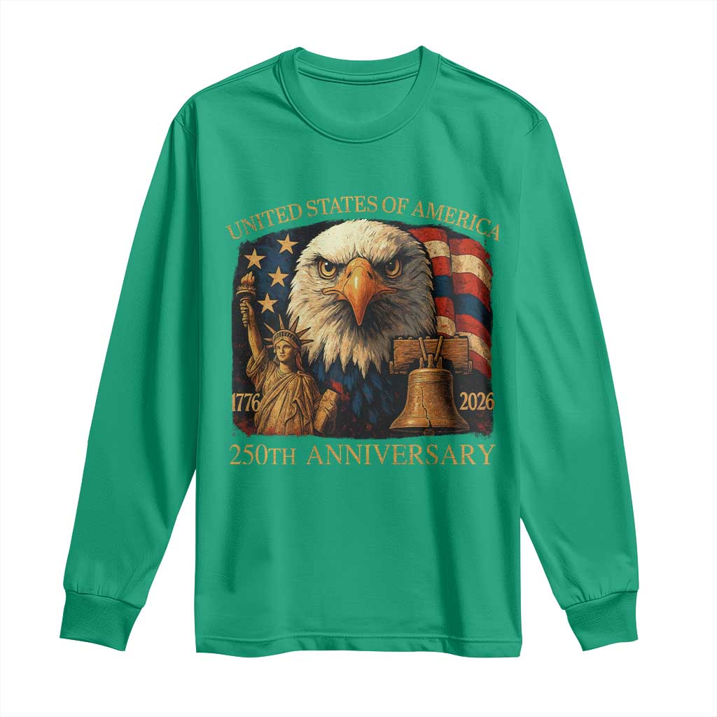 US 250th Anniversary Long Sleeve Shirt Retro Bald Eagle American Flag Patriotic Veterans - Wonder Print Shop