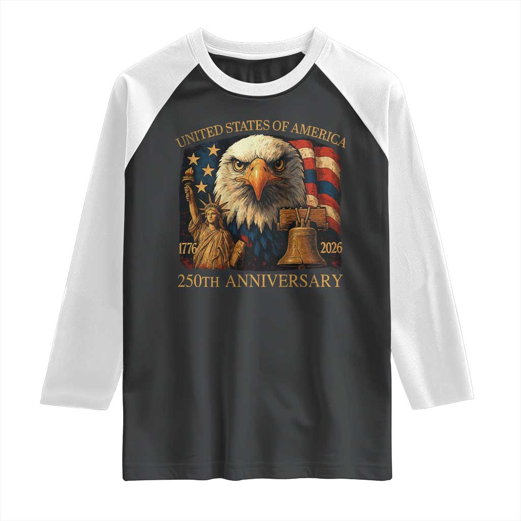 US 250th Anniversary Raglan Shirt Retro Bald Eagle American Flag Patriotic Veterans - Wonder Print Shop