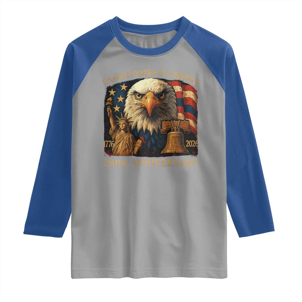 US 250th Anniversary Raglan Shirt Retro Bald Eagle American Flag Patriotic Veterans - Wonder Print Shop