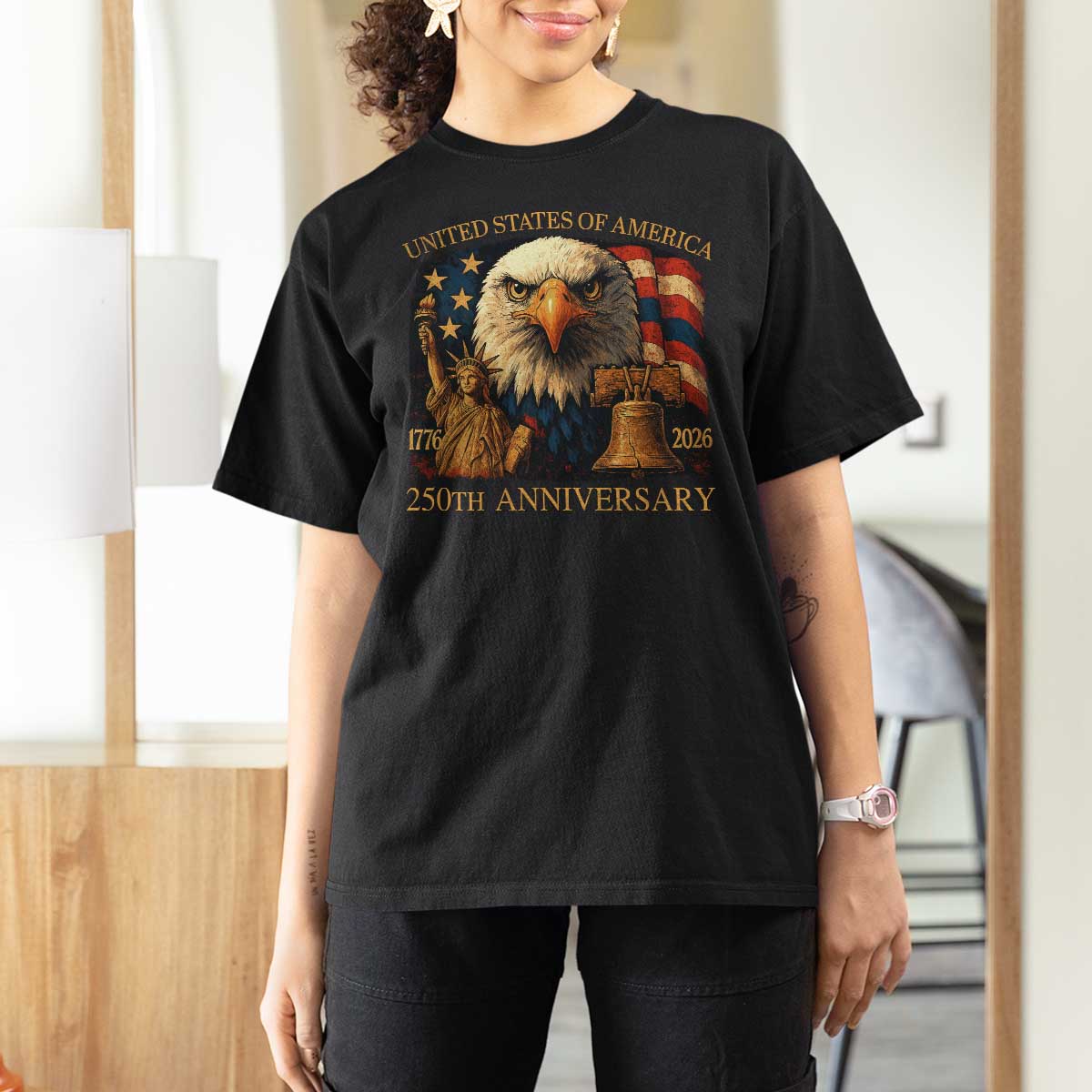 US 250th Anniversary T Shirt For Women Retro Bald Eagle American Flag Patriotic Veterans - Wonder Print Shop