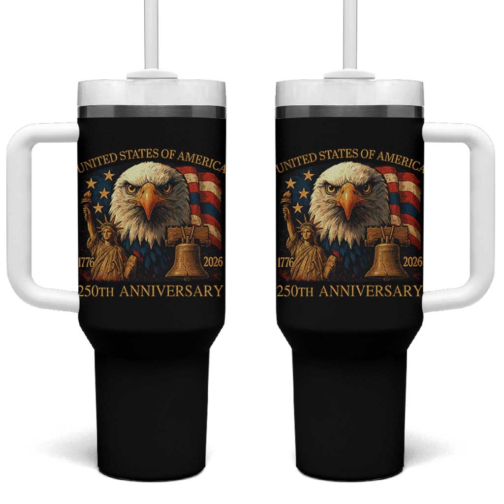 US 250th Anniversary Tumbler With Handle Retro Bald Eagle American Flag Patriotic Veterans - Wonder Print Shop