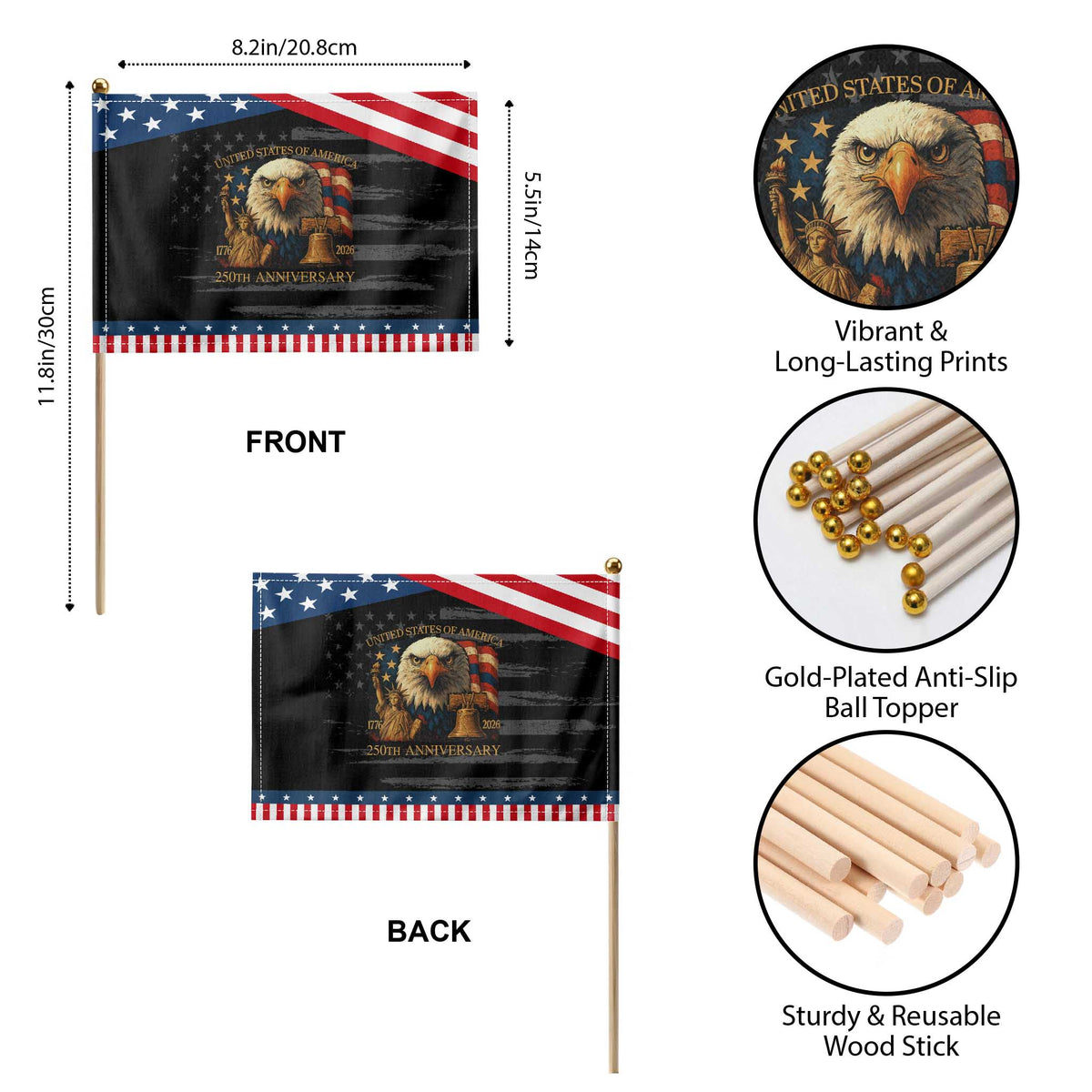 US 250th Anniversary Patriotic Handheld Flag Retro Bald Eagle American Flag Veterans