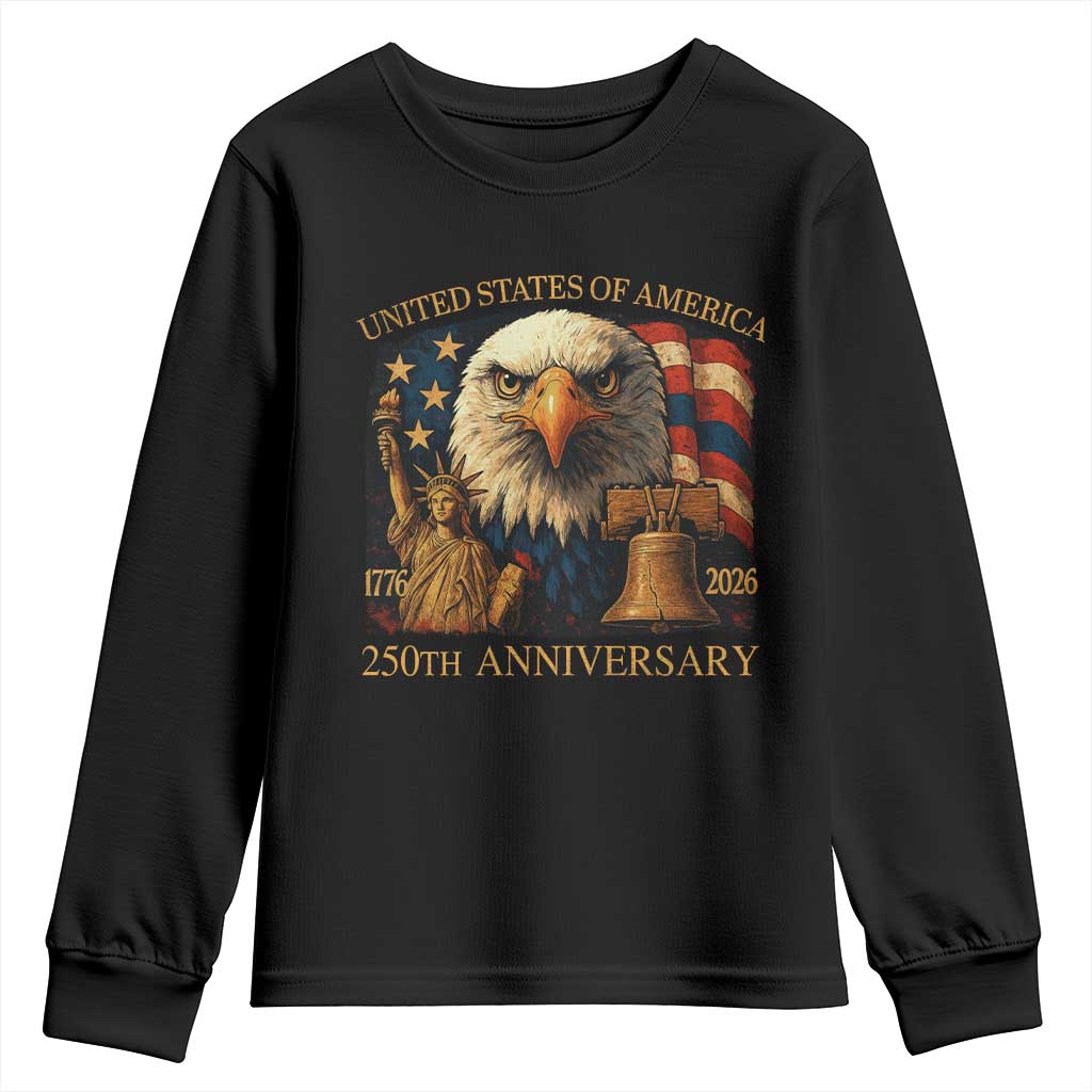 US 250th Anniversary Youth Sweatshirt Retro Bald Eagle American Flag Patriotic Veterans - Wonder Print Shop