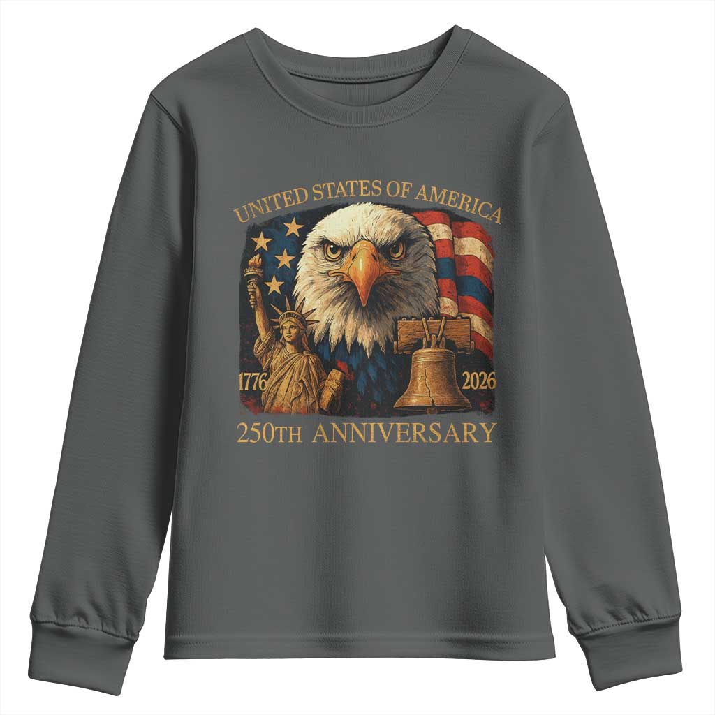 US 250th Anniversary Youth Sweatshirt Retro Bald Eagle American Flag Patriotic Veterans - Wonder Print Shop