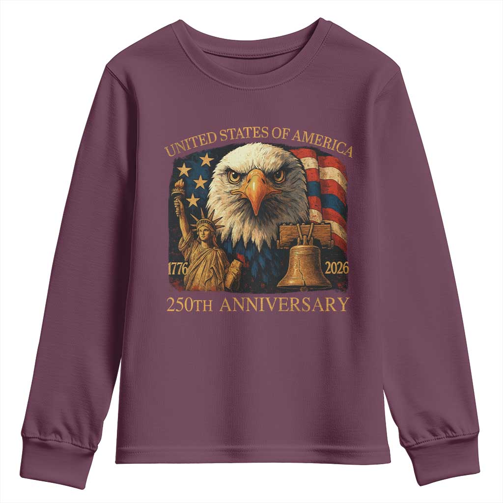 US 250th Anniversary Youth Sweatshirt Retro Bald Eagle American Flag Patriotic Veterans - Wonder Print Shop