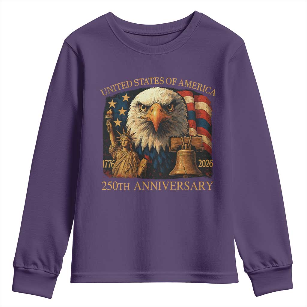US 250th Anniversary Youth Sweatshirt Retro Bald Eagle American Flag Patriotic Veterans - Wonder Print Shop