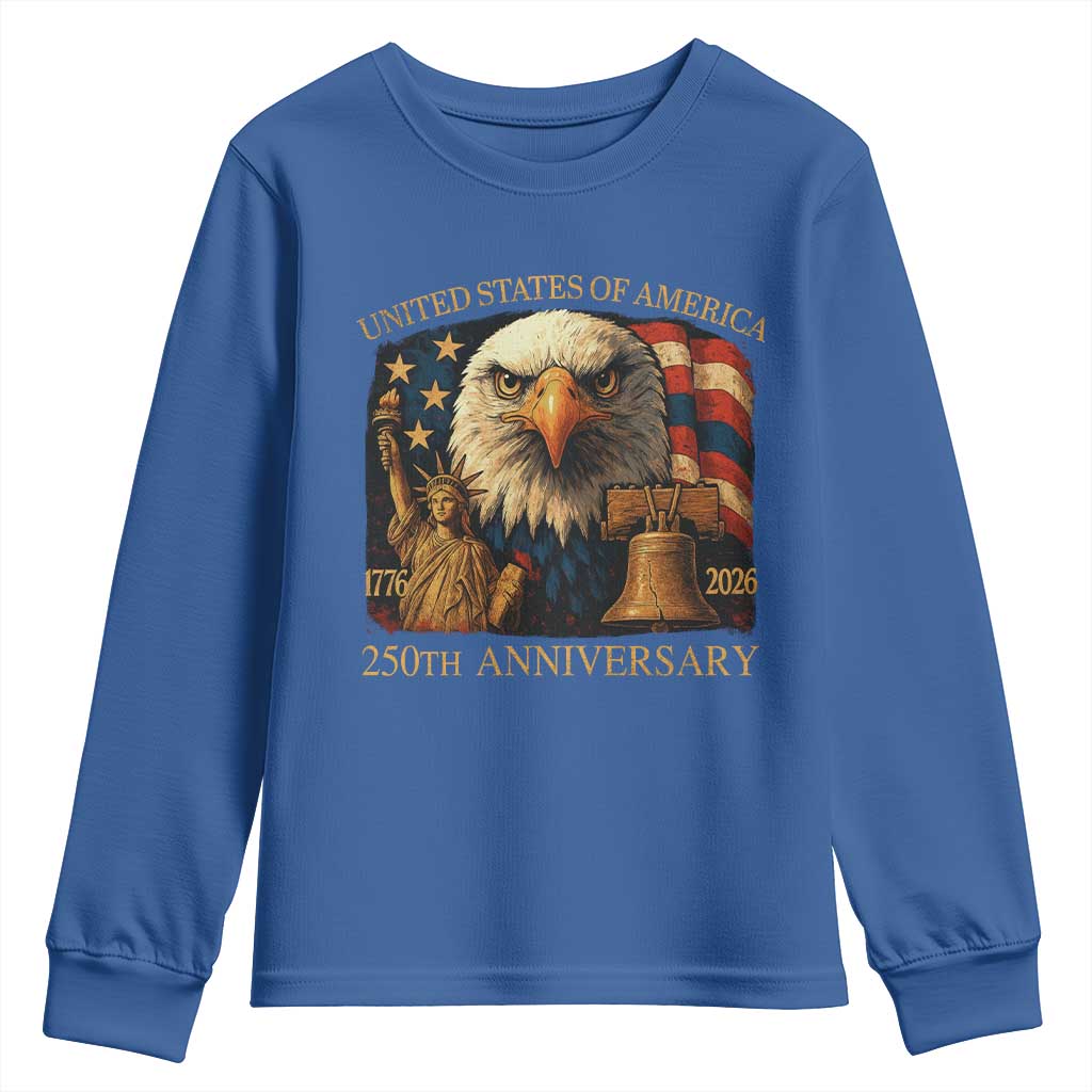 US 250th Anniversary Youth Sweatshirt Retro Bald Eagle American Flag Patriotic Veterans - Wonder Print Shop