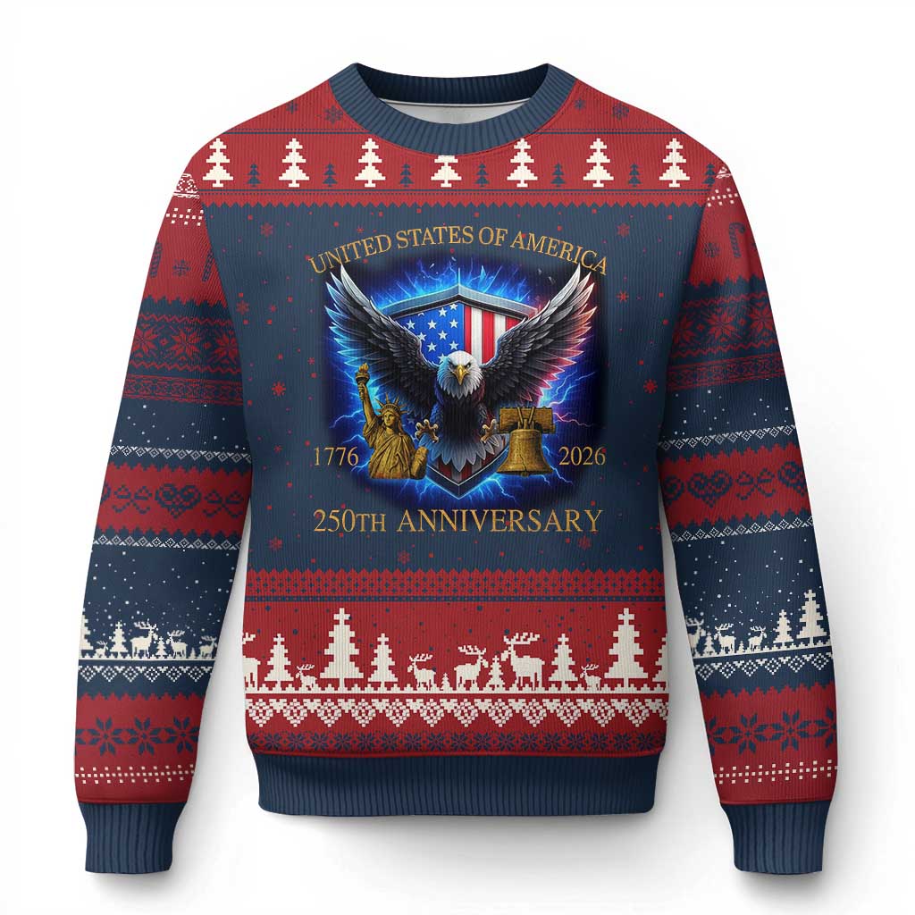250 Years America Flag Ugly Christmas Sweater Eagle 250th Anniversary USA Patriotic 1776 2026 - Wonder Print Shop