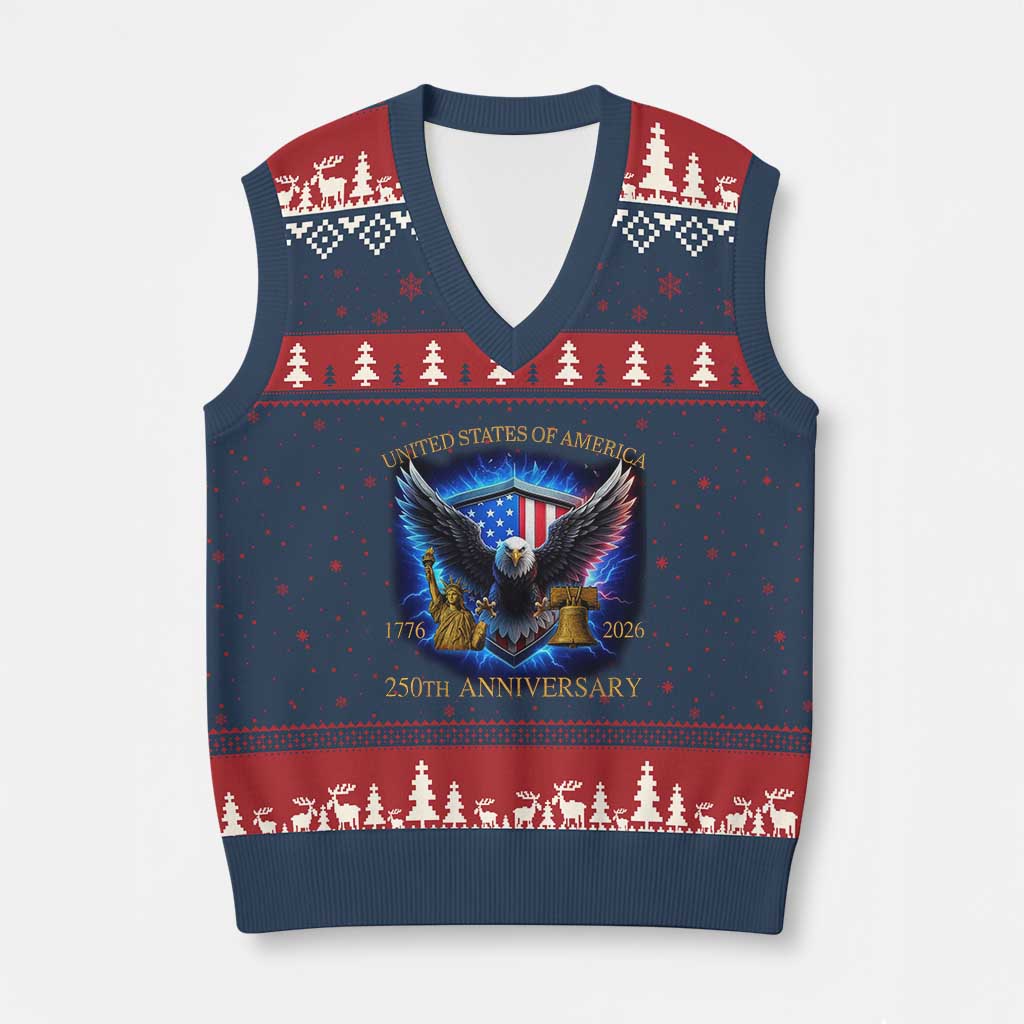 250 Years America Flag V-Neck Knit Sweater Vest Eagle 250th Anniversary USA Patriotic 1776 2026 - Wonder Print Shop