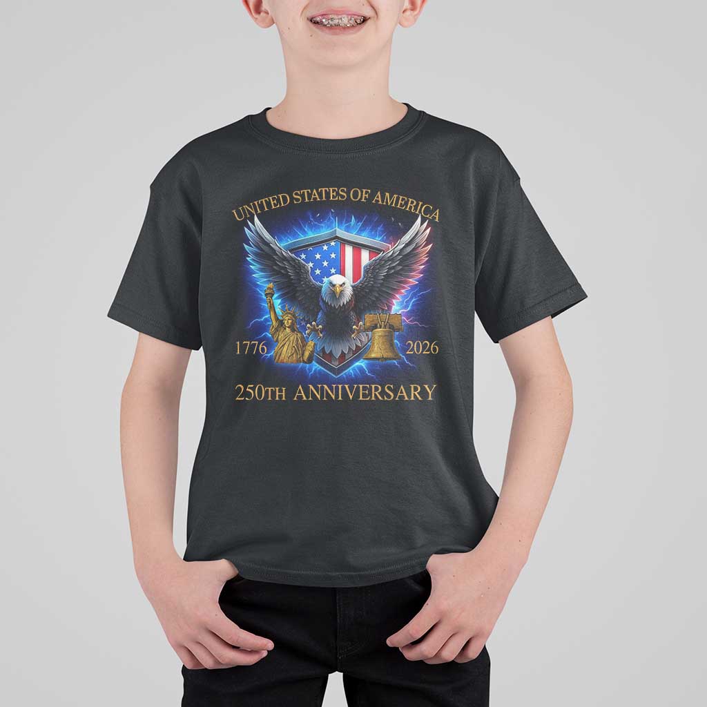 250 Years America Flag T Shirt For Kid Eagle 250th Anniversary USA Patriotic 1776 2026 - Wonder Print Shop