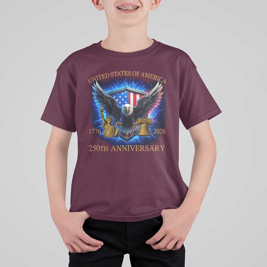 250 Years America Flag T Shirt For Kid Eagle 250th Anniversary USA Patriotic 1776 2026 - Wonder Print Shop