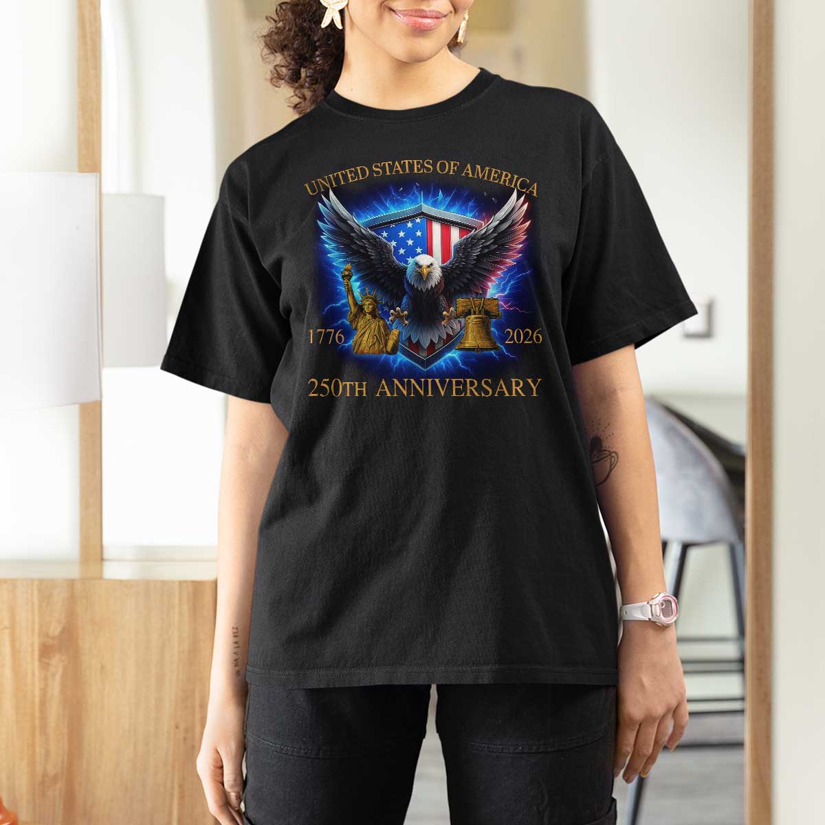 250 Years America Flag T Shirt For Women Eagle 250th Anniversary USA Patriotic 1776 2026 - Wonder Print Shop