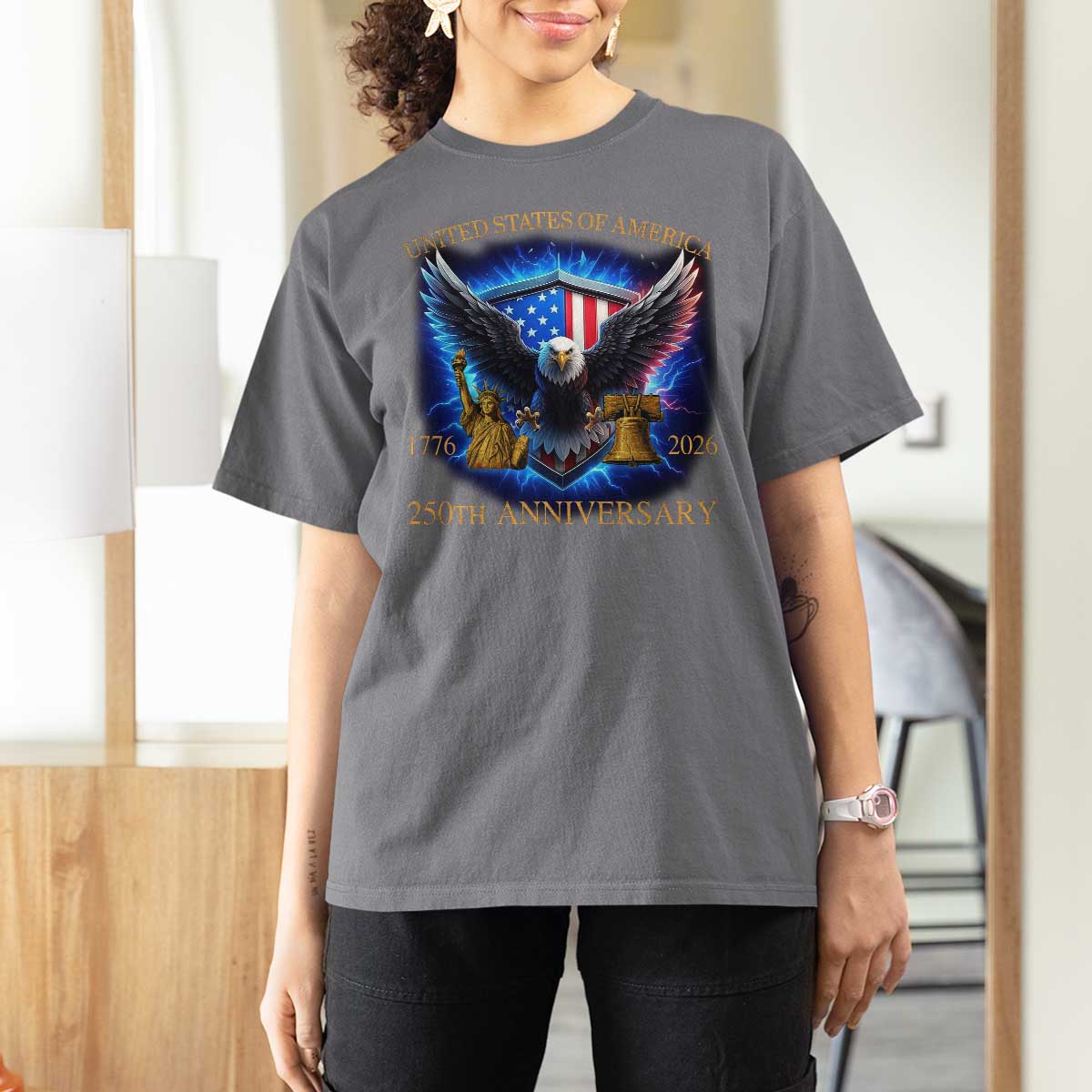 250 Years America Flag T Shirt For Women Eagle 250th Anniversary USA Patriotic 1776 2026 - Wonder Print Shop