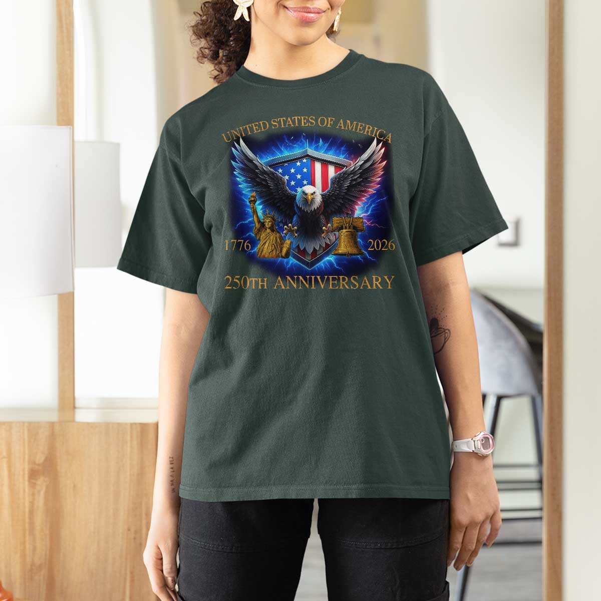250 Years America Flag T Shirt For Women Eagle 250th Anniversary USA Patriotic 1776 2026 - Wonder Print Shop