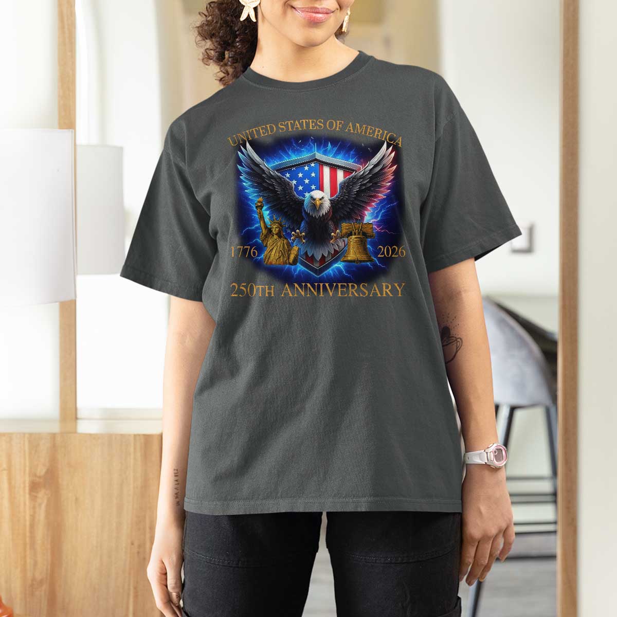 250 Years America Flag T Shirt For Women Eagle 250th Anniversary USA Patriotic 1776 2026 - Wonder Print Shop