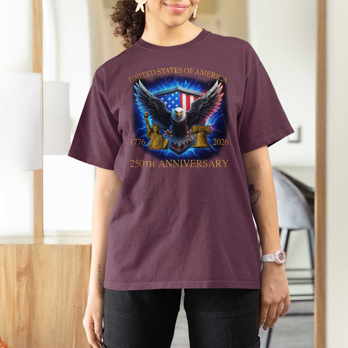 250 Years America Flag T Shirt For Women Eagle 250th Anniversary USA Patriotic 1776 2026 - Wonder Print Shop