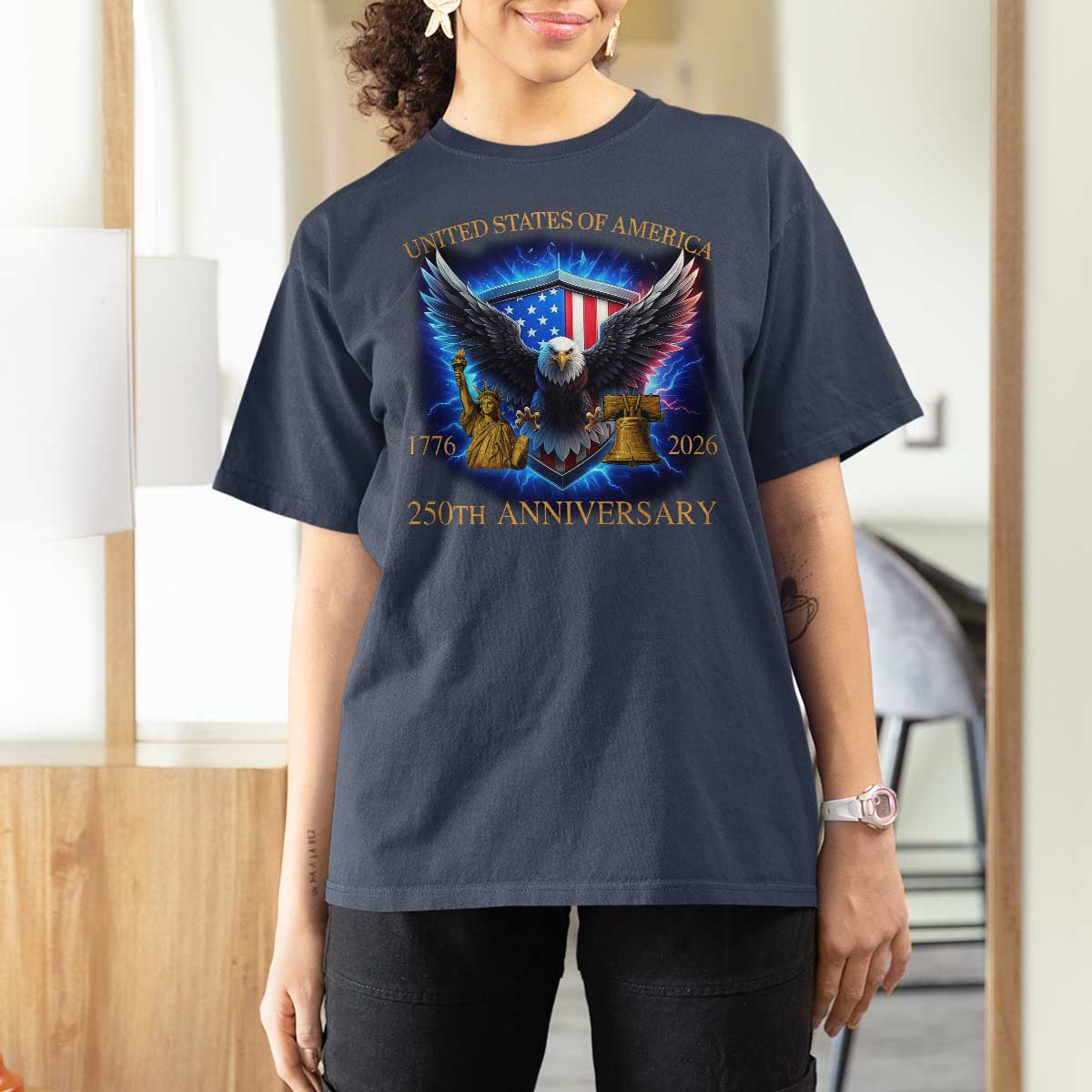 250 Years America Flag T Shirt For Women Eagle 250th Anniversary USA Patriotic 1776 2026 - Wonder Print Shop