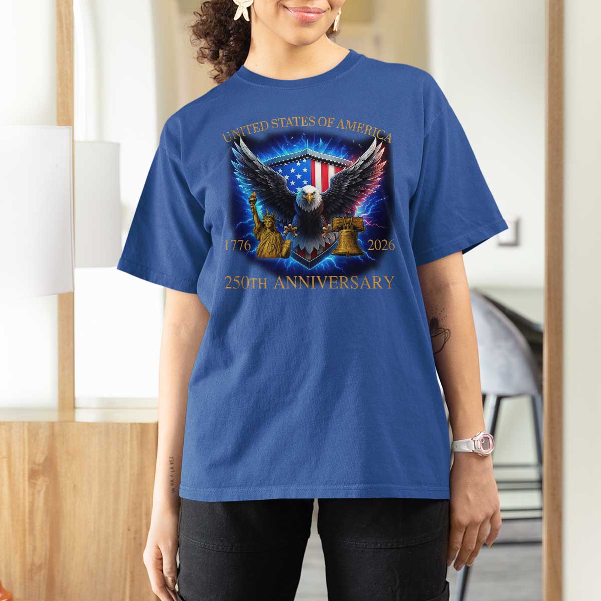 250 Years America Flag T Shirt For Women Eagle 250th Anniversary USA Patriotic 1776 2026 - Wonder Print Shop