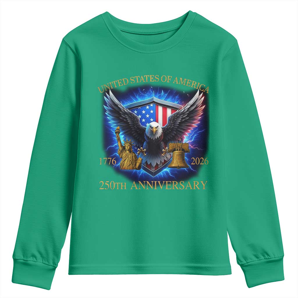 250 Years America Flag Youth Sweatshirt Eagle 250th Anniversary USA Patriotic 1776 2026 - Wonder Print Shop