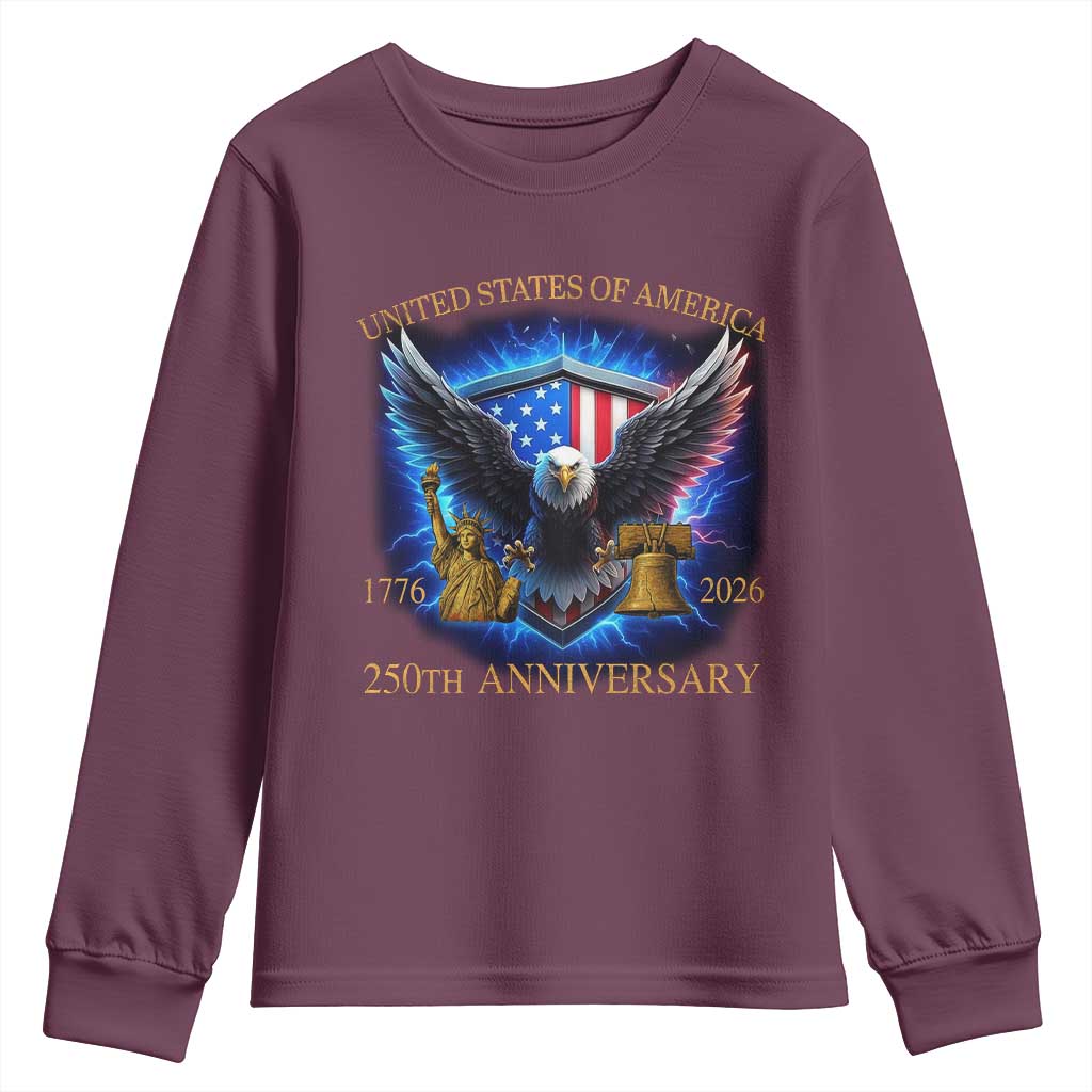 250 Years America Flag Youth Sweatshirt Eagle 250th Anniversary USA Patriotic 1776 2026 - Wonder Print Shop