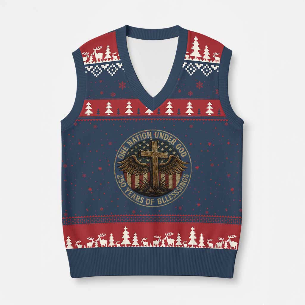 Blessings America 250 Years V-Neck Knit Sweater Vest One Nation Under God USA 250th Anniversary Patriotic Cross - Wonder Print Shop