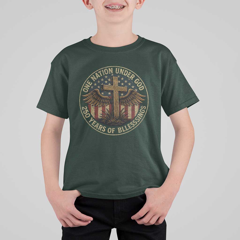 Blessings America 250 Years T Shirt For Kid One Nation Under God USA 250th Anniversary Patriotic Cross - Wonder Print Shop