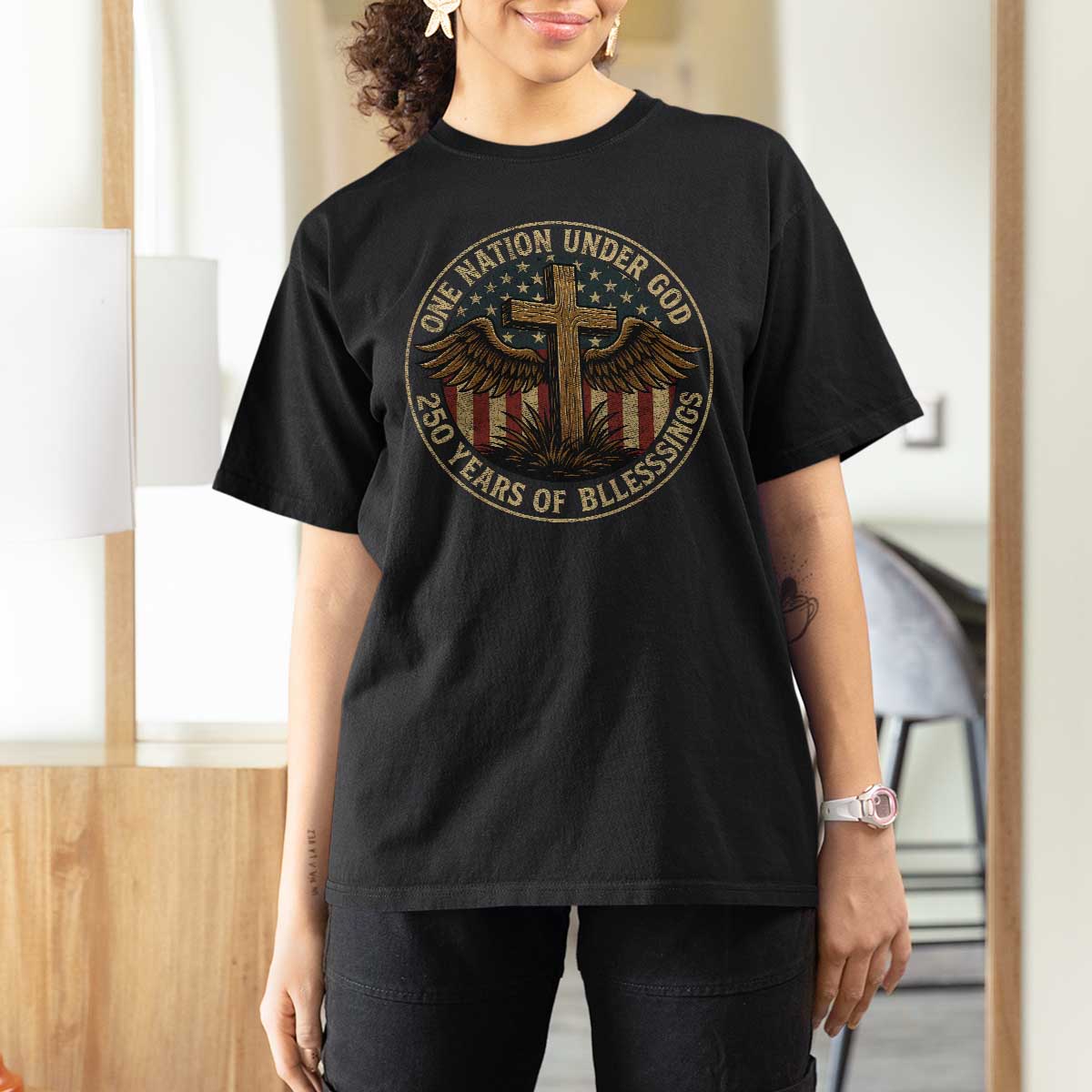 Blessings America 250 Years T Shirt For Women One Nation Under God USA 250th Anniversary Patriotic Cross - Wonder Print Shop