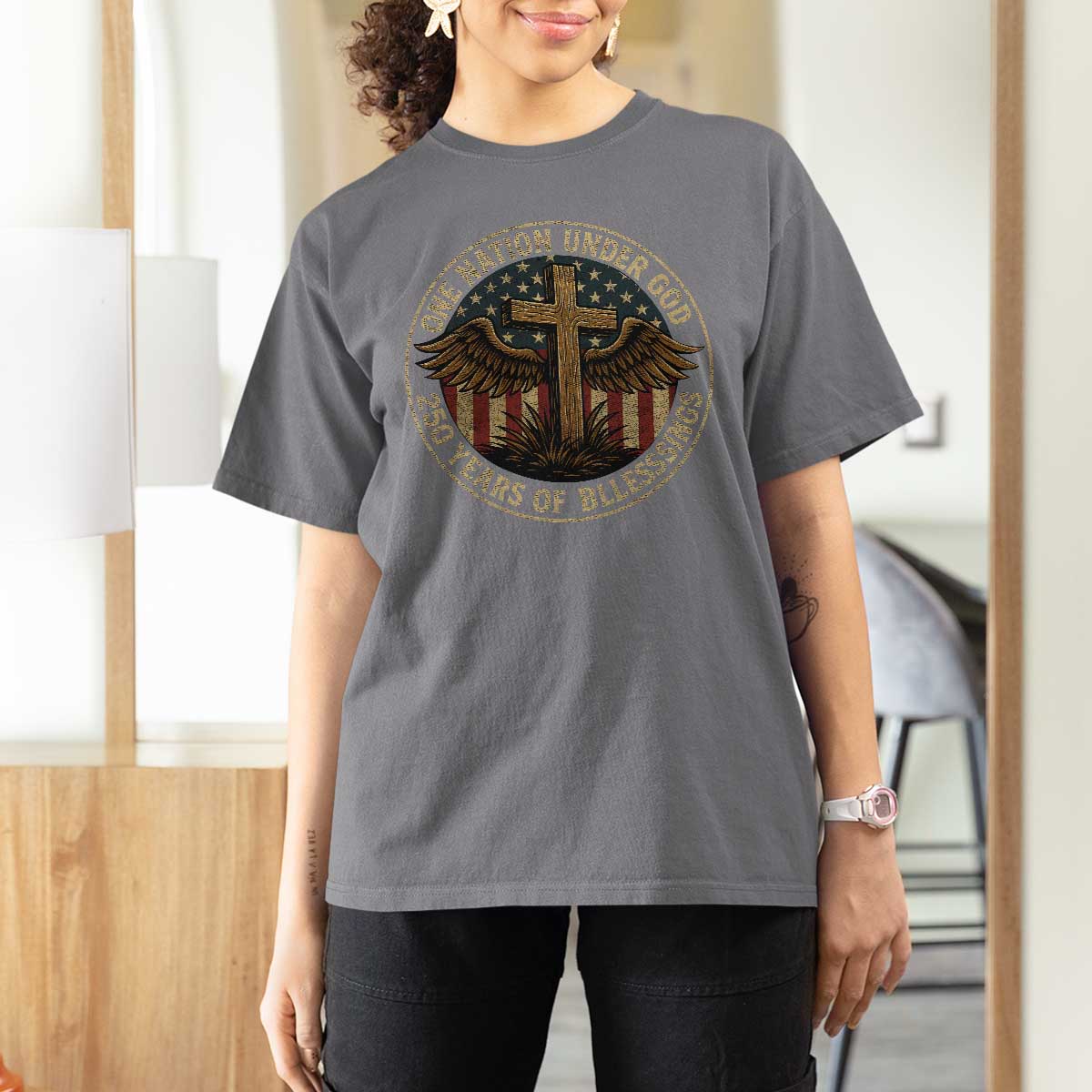 Blessings America 250 Years T Shirt For Women One Nation Under God USA 250th Anniversary Patriotic Cross - Wonder Print Shop