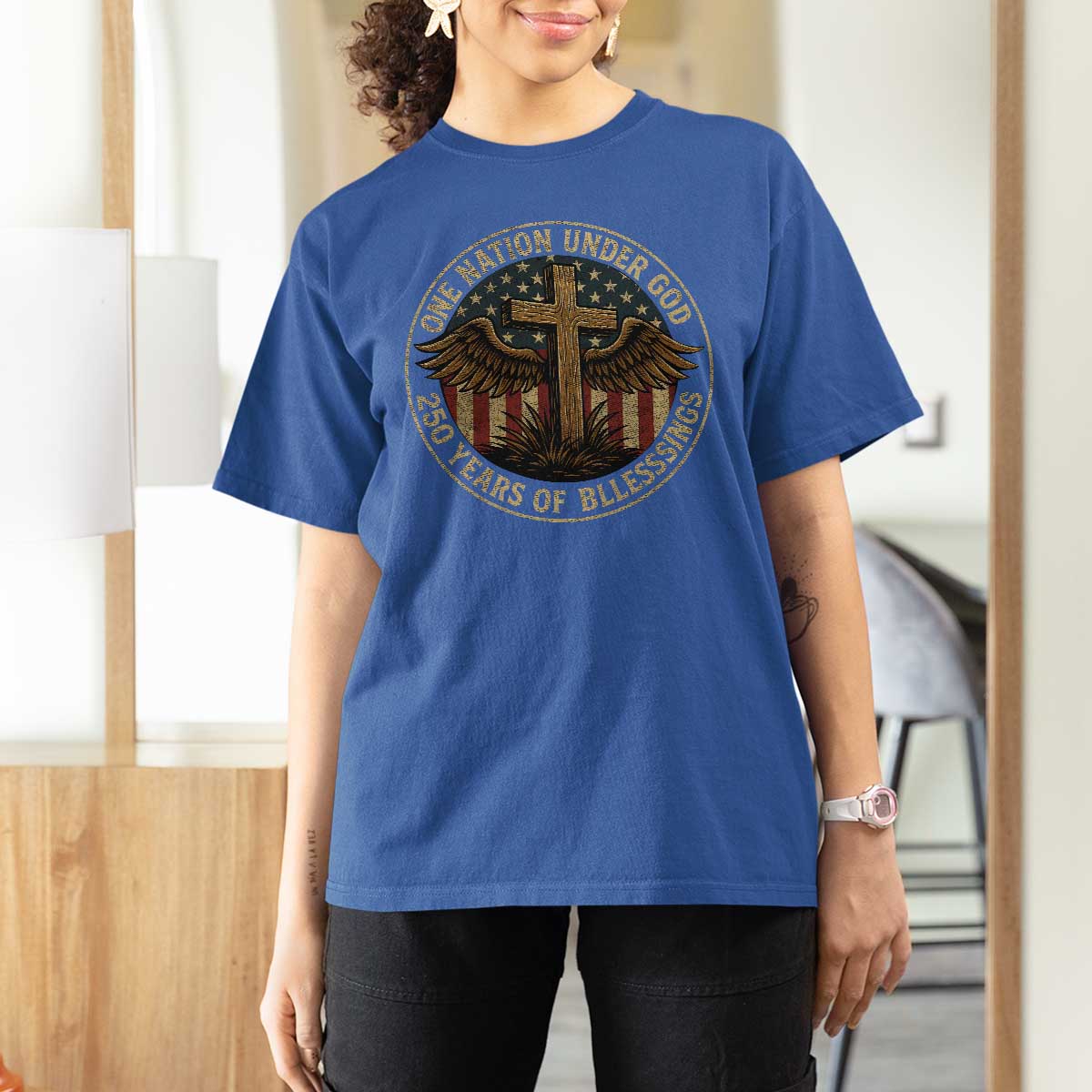 Blessings America 250 Years T Shirt For Women One Nation Under God USA 250th Anniversary Patriotic Cross - Wonder Print Shop
