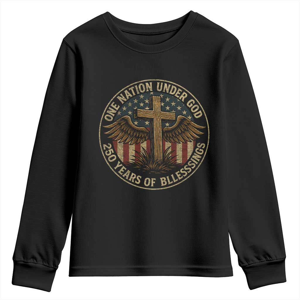 Blessings America 250 Years Youth Sweatshirt One Nation Under God USA 250th Anniversary Patriotic Cross - Wonder Print Shop