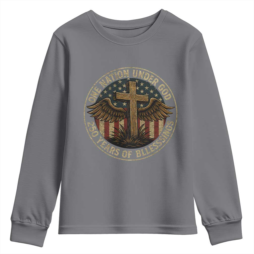 Blessings America 250 Years Youth Sweatshirt One Nation Under God USA 250th Anniversary Patriotic Cross - Wonder Print Shop