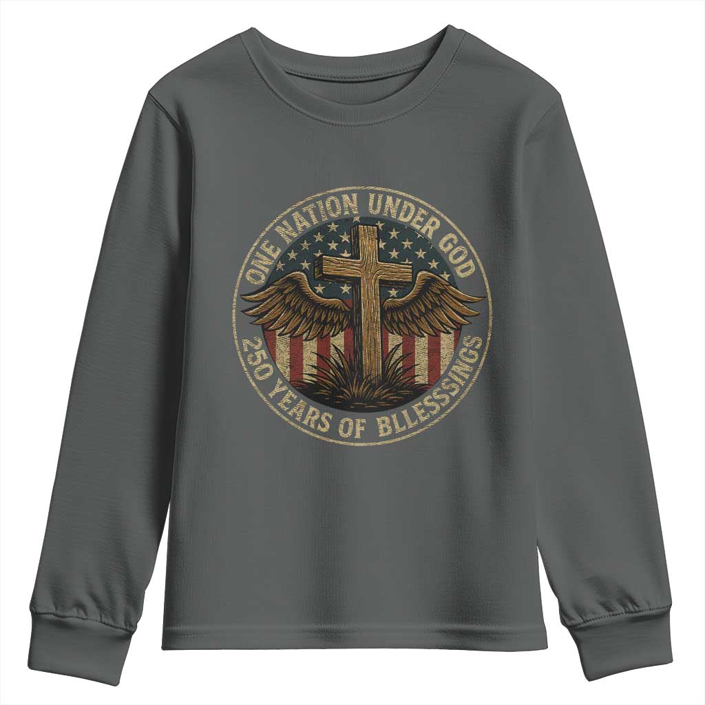 Blessings America 250 Years Youth Sweatshirt One Nation Under God USA 250th Anniversary Patriotic Cross - Wonder Print Shop