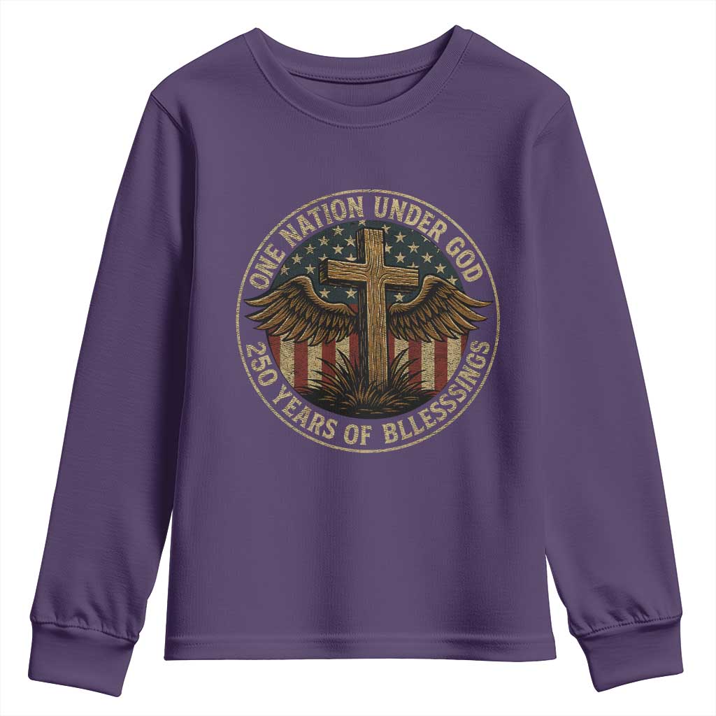 Blessings America 250 Years Youth Sweatshirt One Nation Under God USA 250th Anniversary Patriotic Cross - Wonder Print Shop