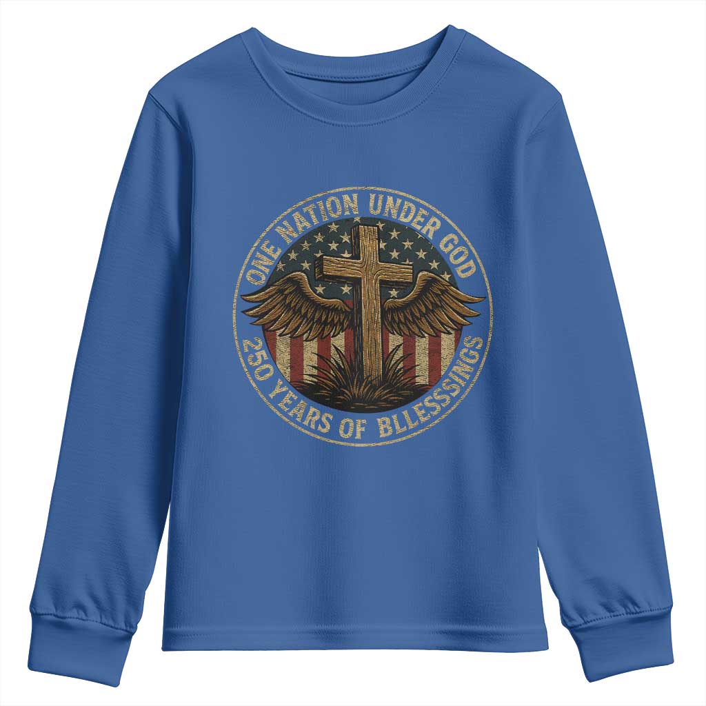 Blessings America 250 Years Youth Sweatshirt One Nation Under God USA 250th Anniversary Patriotic Cross - Wonder Print Shop