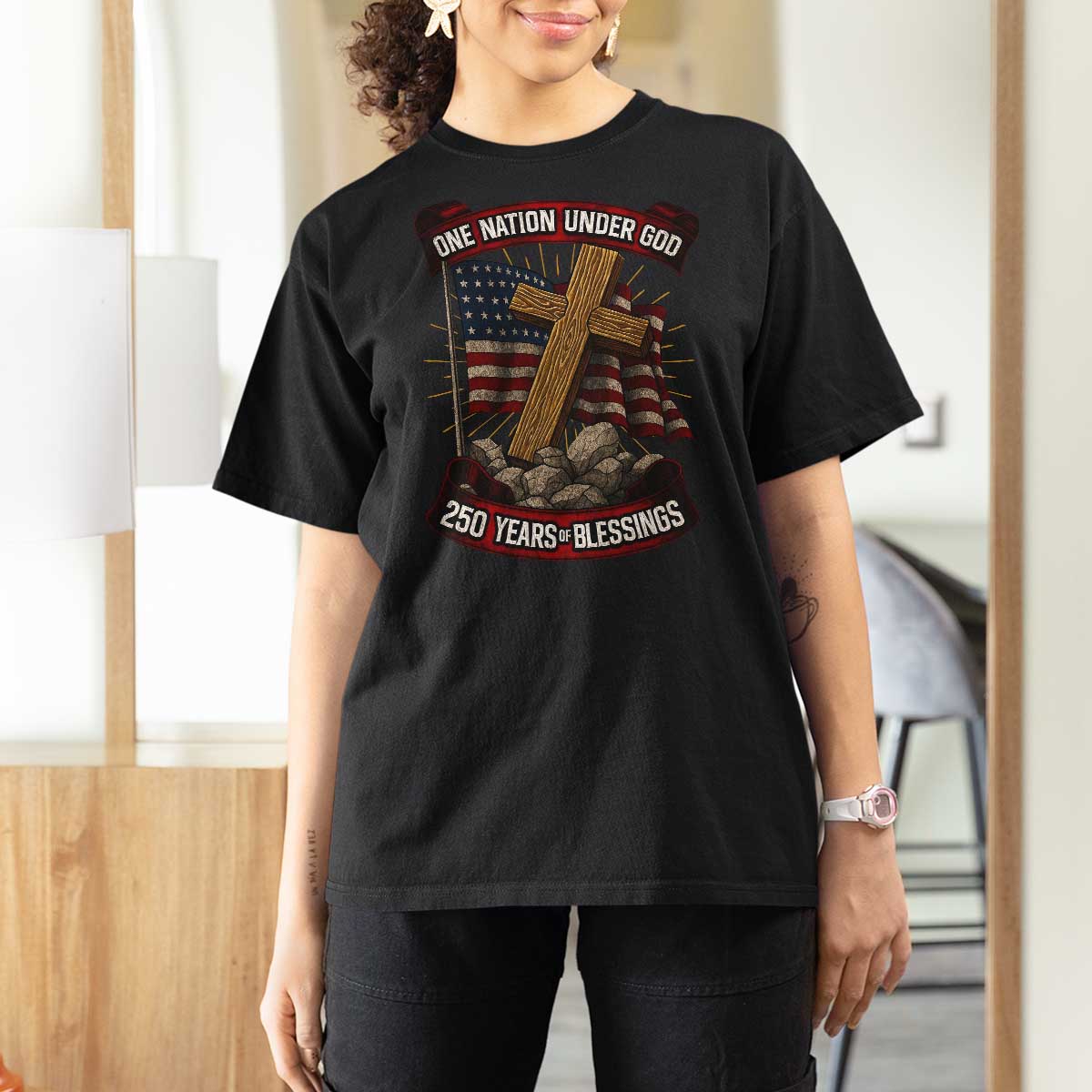 Blessings America T Shirt For Women One Nation Under God USA 250th Anniversary Patriotic Christian - Wonder Print Shop