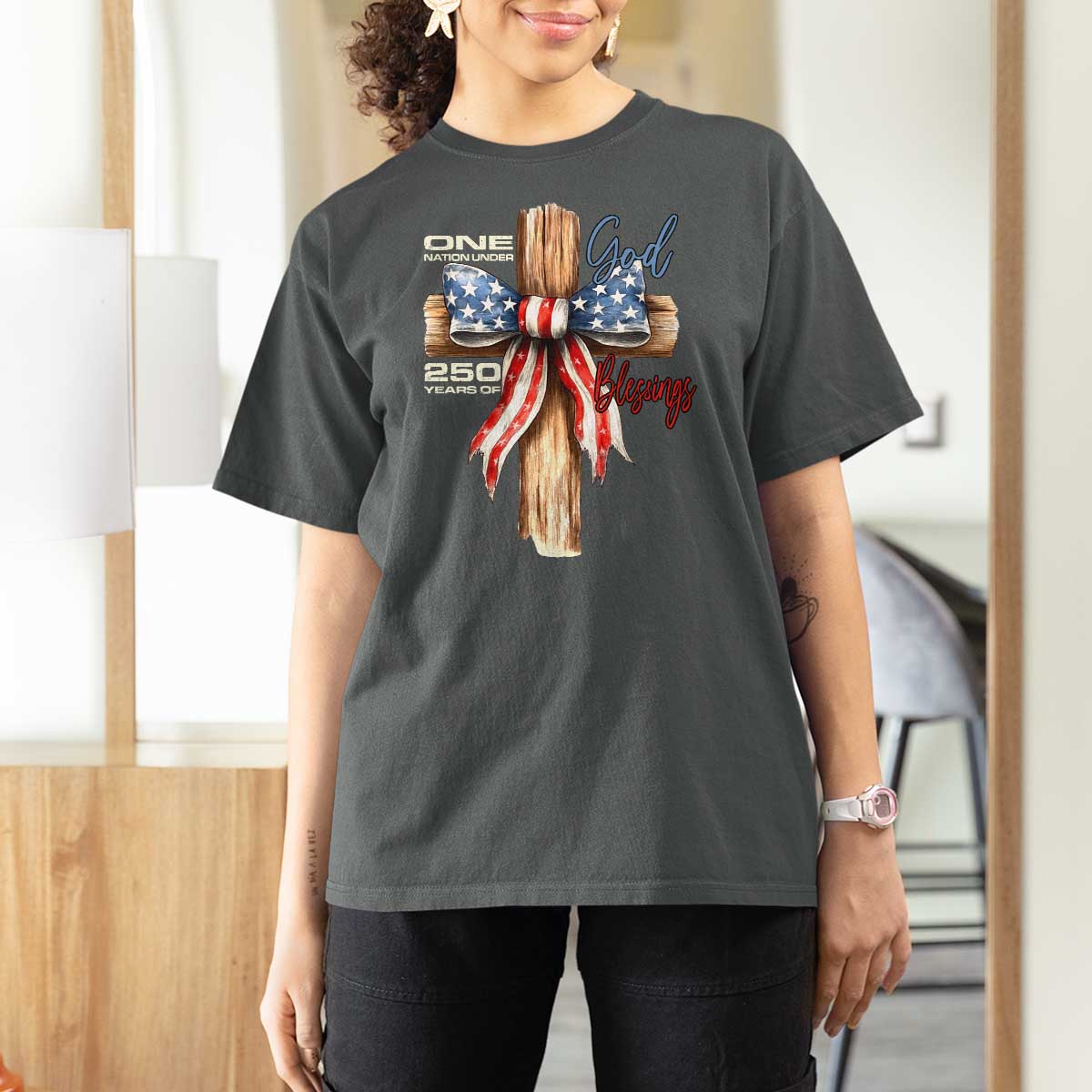 250 Years America T Shirt For Women Coquette Bow Cross American 4th Of July 250th Anniversary - Wonder Print Shop