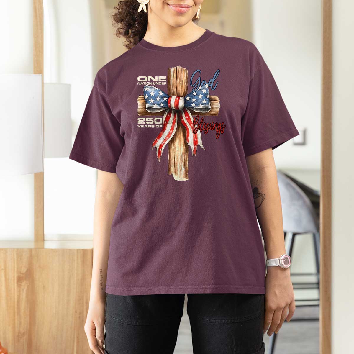 250 Years America T Shirt For Women Coquette Bow Cross American 4th Of July 250th Anniversary - Wonder Print Shop
