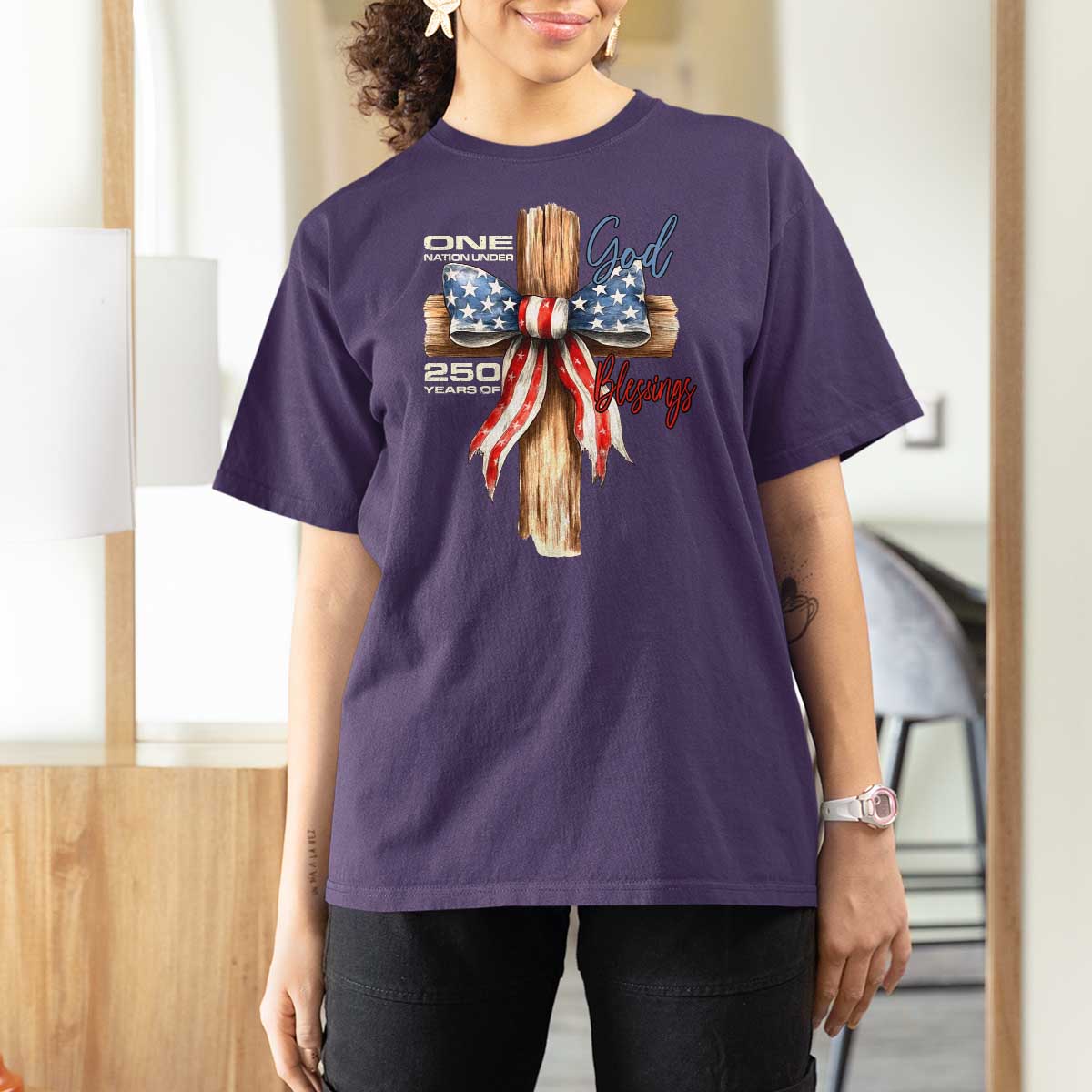 250 Years America T Shirt For Women Coquette Bow Cross American 4th Of July 250th Anniversary - Wonder Print Shop