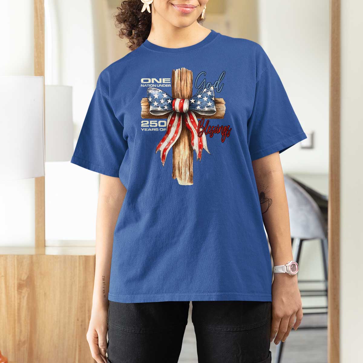 250 Years America T Shirt For Women Coquette Bow Cross American 4th Of July 250th Anniversary - Wonder Print Shop