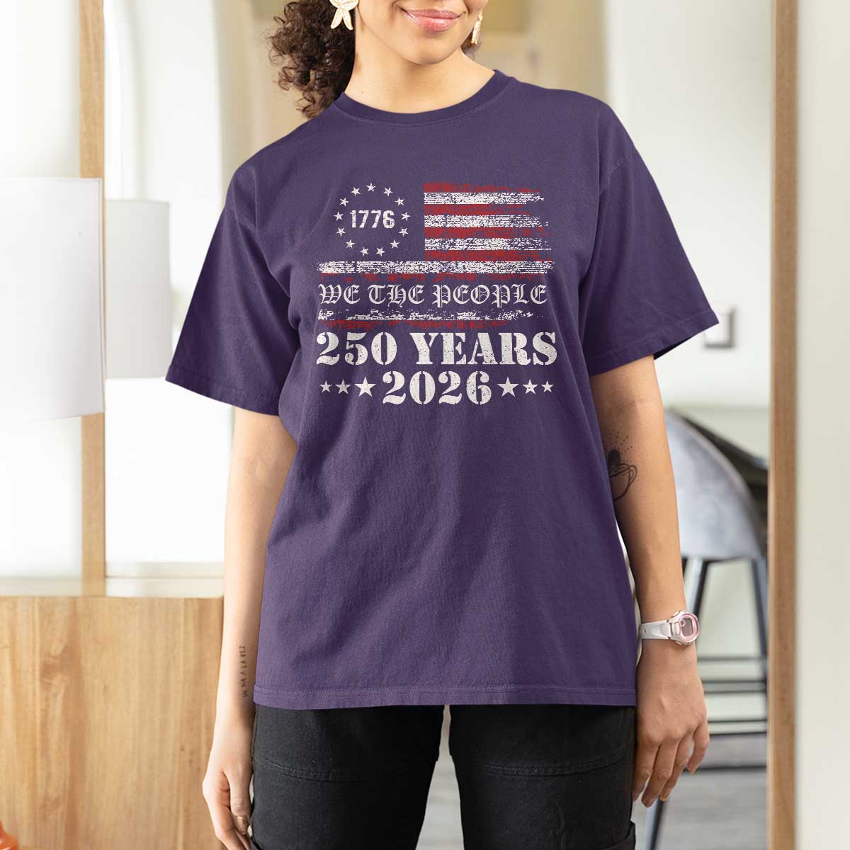 250 Years America Flag T Shirt For Women USA 250th Anniversary Patriotic We The People 1776 2026 - Wonder Print Shop