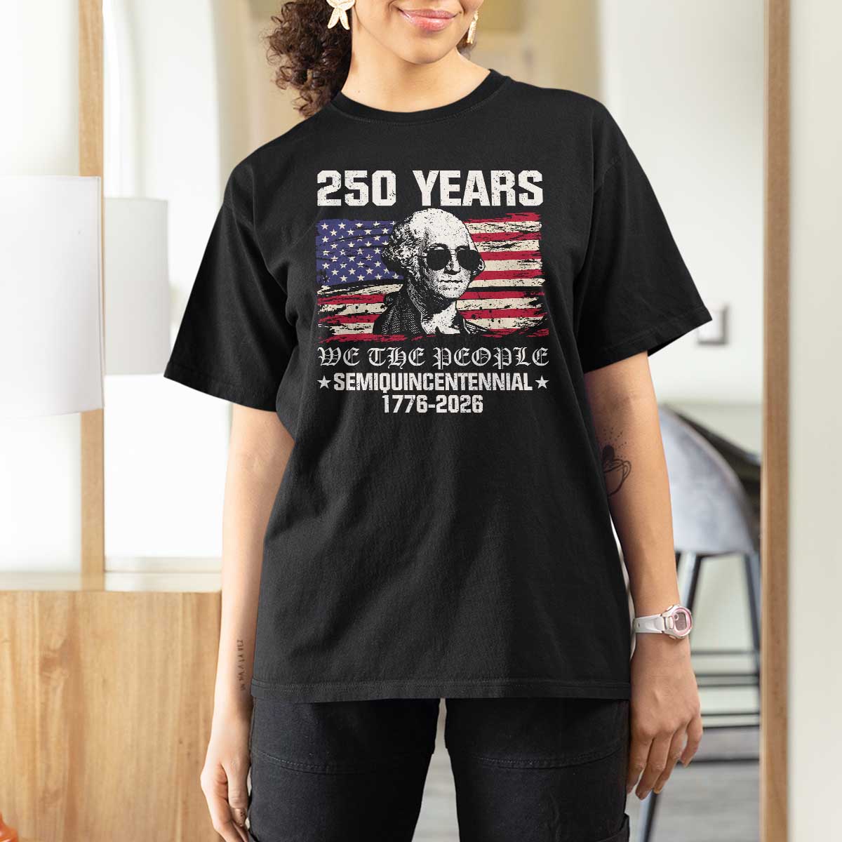 250 Years America Flag T Shirt For Women George Washington 1776 2026 USA 250th Anniversary Patriotic - Wonder Print Shop