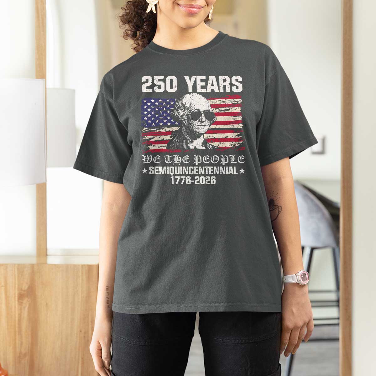 250 Years America Flag T Shirt For Women George Washington 1776 2026 USA 250th Anniversary Patriotic - Wonder Print Shop