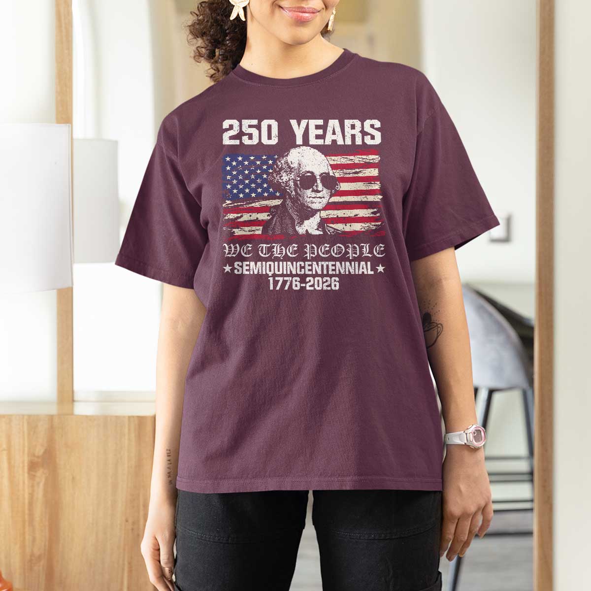 250 Years America Flag T Shirt For Women George Washington 1776 2026 USA 250th Anniversary Patriotic - Wonder Print Shop