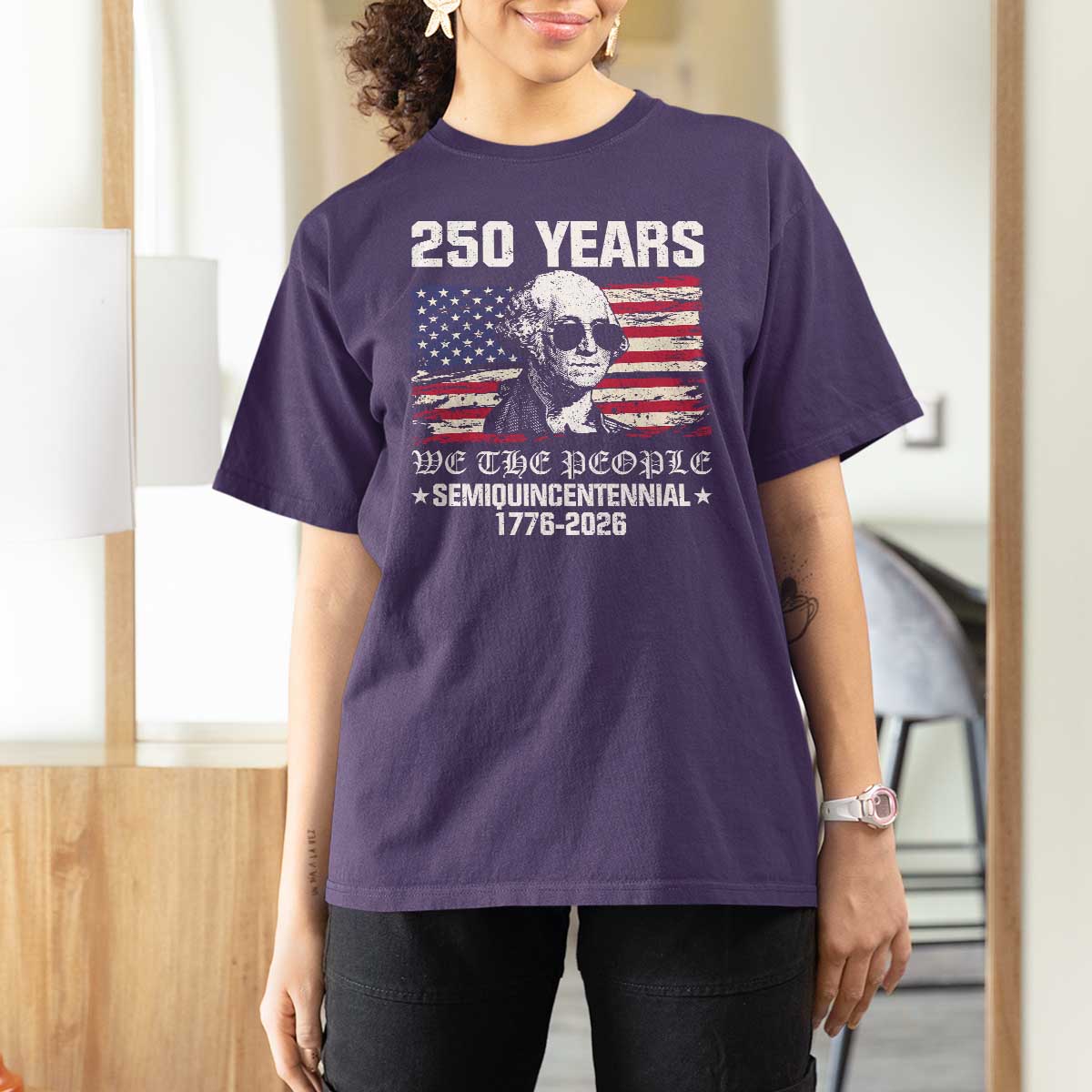 250 Years America Flag T Shirt For Women George Washington 1776 2026 USA 250th Anniversary Patriotic - Wonder Print Shop