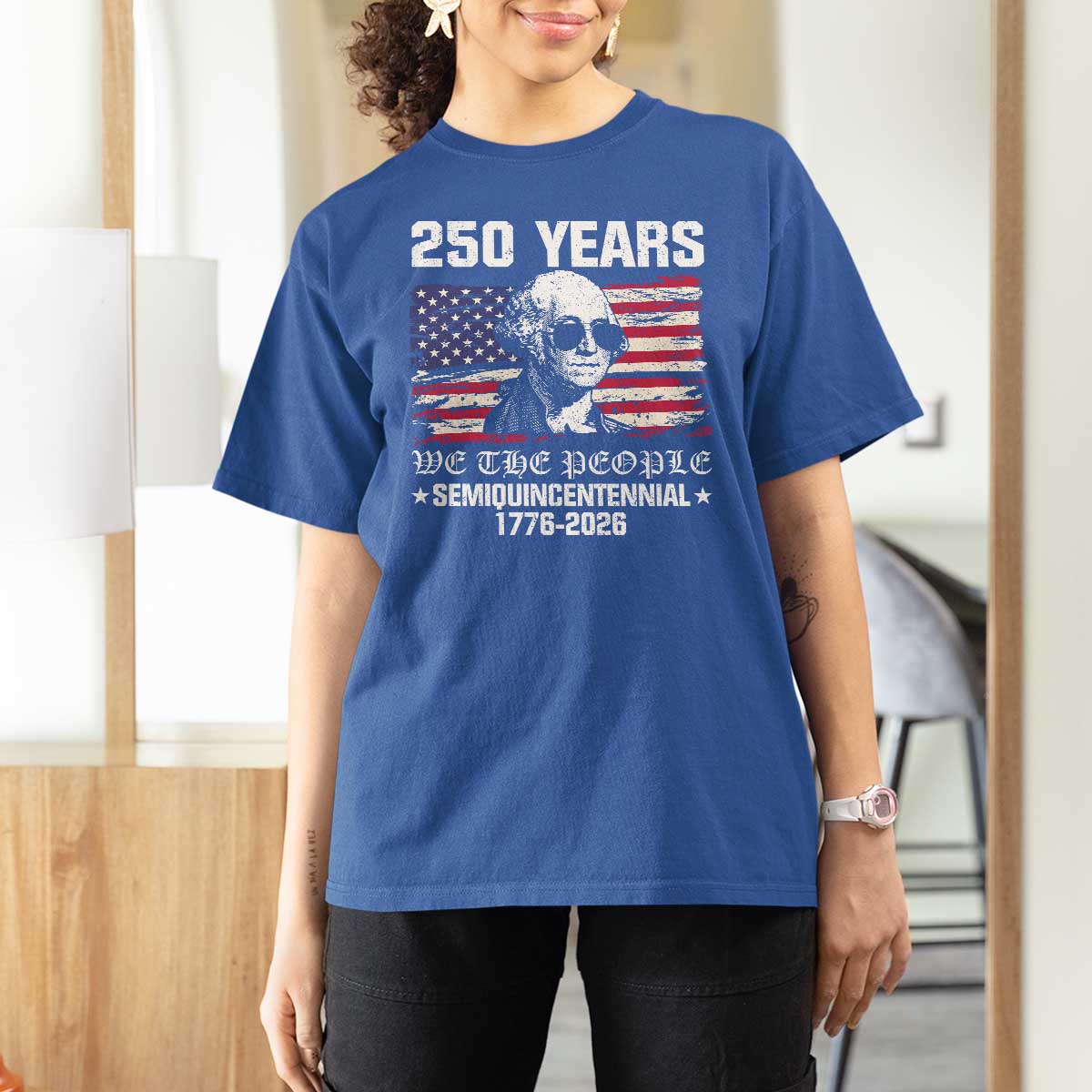 250 Years America Flag T Shirt For Women George Washington 1776 2026 USA 250th Anniversary Patriotic - Wonder Print Shop