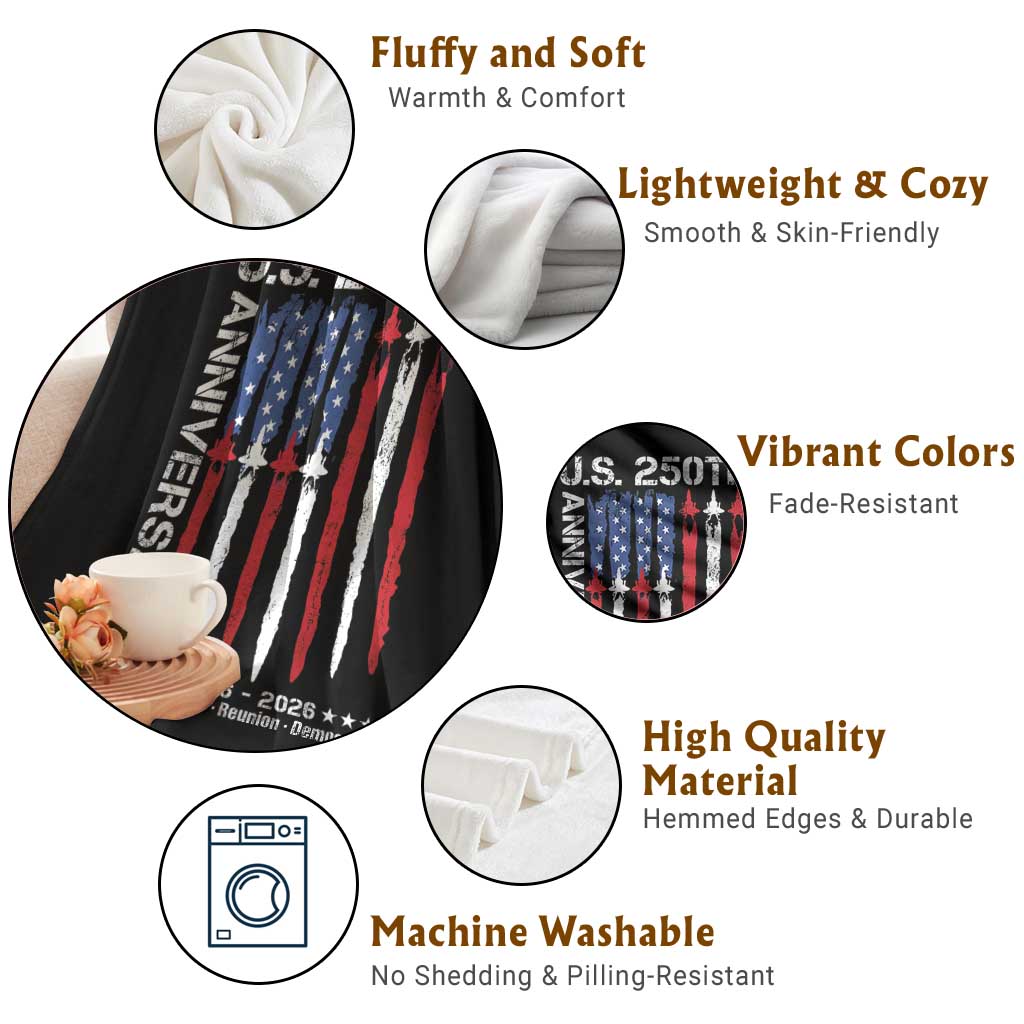 250th American Anniversary Throw Blanket 250 Years America USA Flag Fighter Jets Patriotic Veterans - Wonder Print Shop