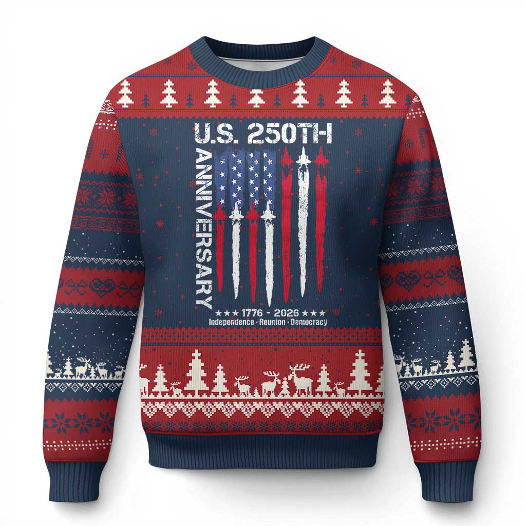 250th American Anniversary Ugly Christmas Sweater 250 Years America USA Flag Fighter Jets Patriotic Veterans - Wonder Print Shop