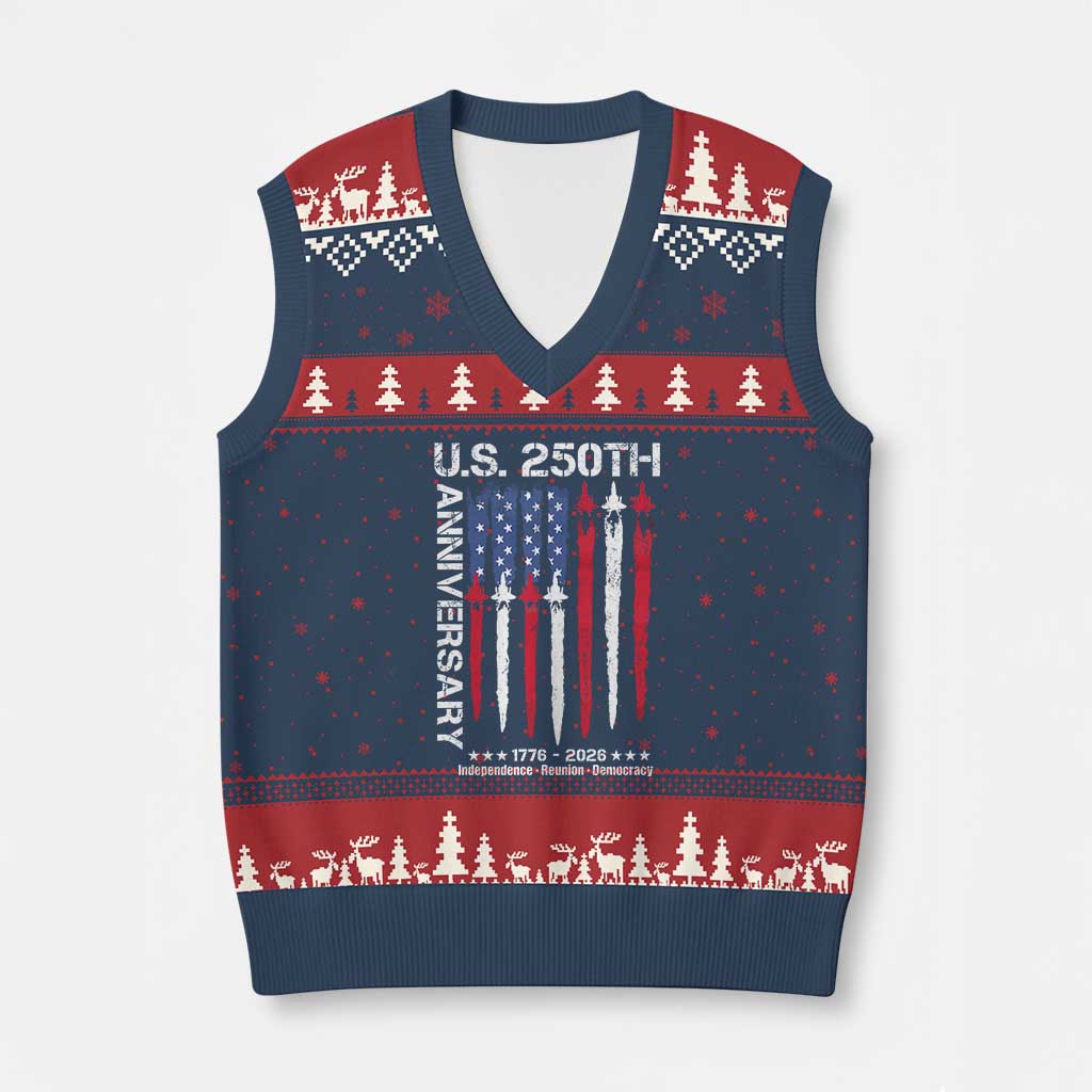 250th American Anniversary V-Neck Knit Sweater Vest 250 Years America USA Flag Fighter Jets Patriotic Veterans - Wonder Print Shop